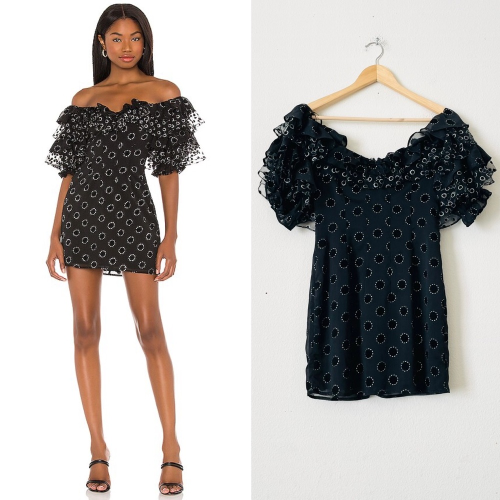 For Love & Lemons SMALL Adella mini party dress in Metallic black print